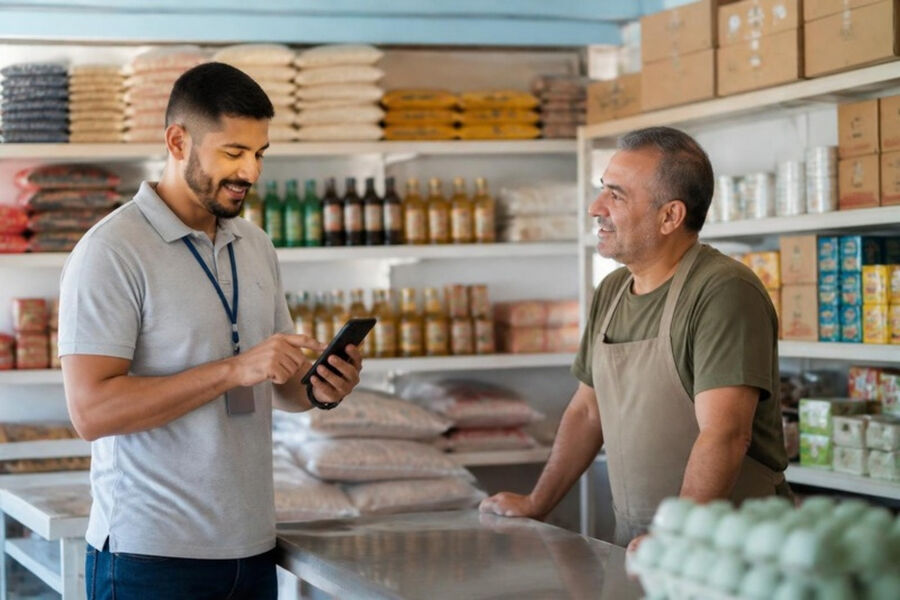 Vendedor de distribuidora tirando o pedido no celular, no balcão do cliente
