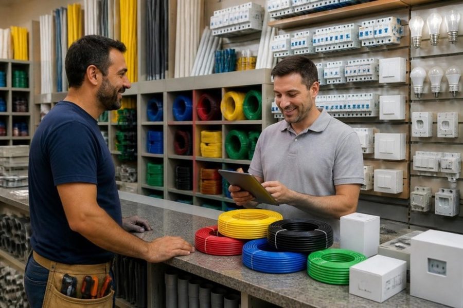 Atendente de loja de materiais elétricos com tablet atendendo um eletricista no balcão