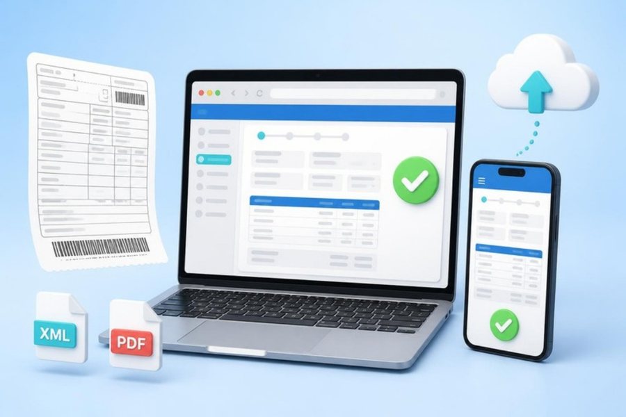 Notebook e celular com a NF-e autorizada, o DANFE impresso e os arquivos XML e PDF da nota