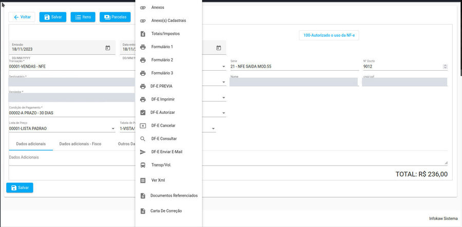 Menu da nota com imprimir, enviar por e-mail, ver XML, cancelar e carta de correção